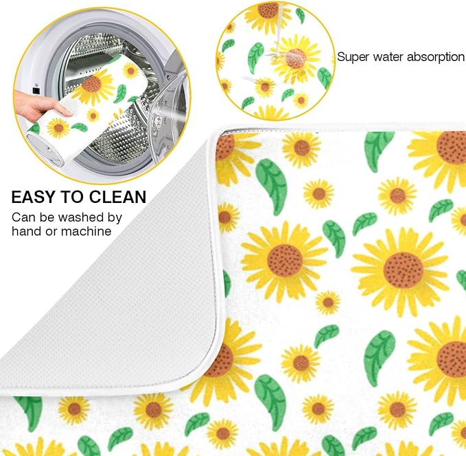 Absorbent Dish Drying Mat for Kitchen Counter - Cute Sunflower Flowers Microfiber Drying Pad, Reversible Drainer Mats for Countertop, Lager 18 x 24 inch