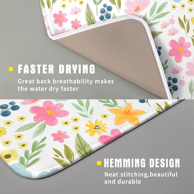 Spring Dish Drying Mat for Kitchen Counter Cute Floral Summer Holiday Microfiber Absorbent Dish Draining Reusable Washable Foldable 16"x18"