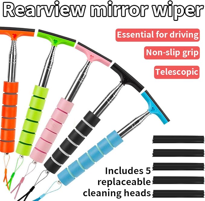 5 PCS Side Mirror Squeegee, Retractable Car Rearview Mirror Wiper | Car Mirror Squeegee, Portable Car Cleaning Tool for Rainy Foggy Weather (Black/Pink/Green/Orange/Blue)
