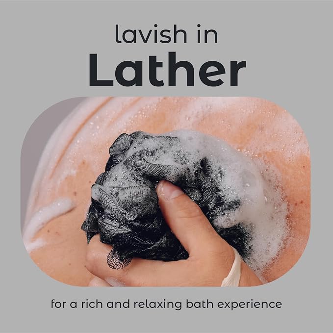 MainBasics Shower Loofah Sponge Pouf, Set of 3, Triple Black | Soft Mesh Body Scrubber and Bath Sponge for Gentle Exfoliation, Rich Lather, and Everyday Shower Use