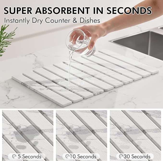 4 Pcs Diatomaceous Earth Dish Drying Mat Set, 24''x16'' Stone Dish Drying Mat, Faucet Mat and 2 Coasters for Kitchen Counter, Super Absorbent Quick Dry Mats for Dishes Bottles Cups