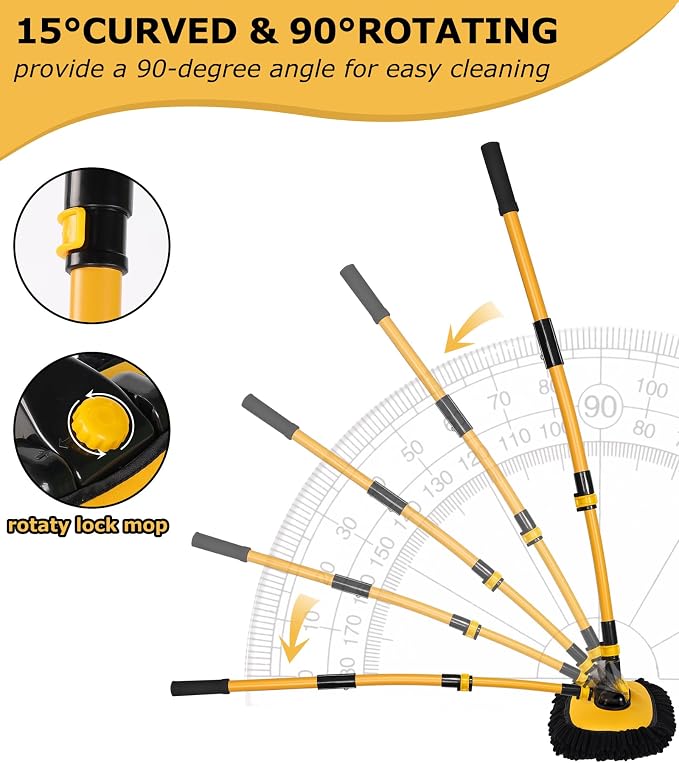 anngrowy 56.7" Car Wash Brush Mop Kit Mitt Sponge with Long Handle Car Cleaning Supplies Kit Tools Car Washing Duster Exterior Scratch Free, Chenille Replacement Head Extension Pole