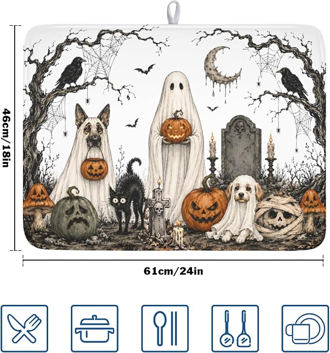 Halloween Ghost Dish Drying Mat for Kitchen Counter Spooky Pumpkins Dog Cat Crow Pattern Microfiber Dish Drainer Mat Vintage Holiday Absorbent Washable Drying Pad 18"x24"