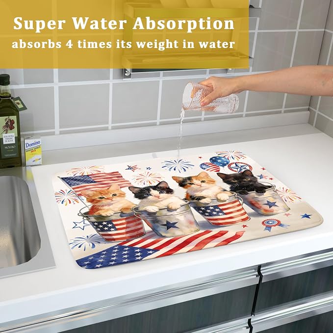 Vintage Patriotic Dish Drying Mat Cute Cats American Flag Drying Matt Kitchen Counter for Home Decor