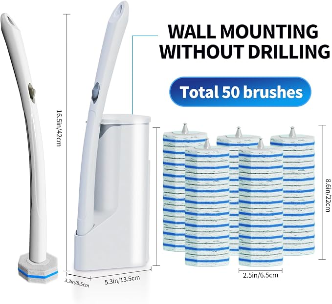 Disposable Toilet Brush Cleaning System with 50pcs Refills Pads Replacement Heads, Toilet Cleaning Stick, Wall Mounted Wand Kit Bathroom Maintenance, Toilet Bowl Cleaner Brush Holder and Set