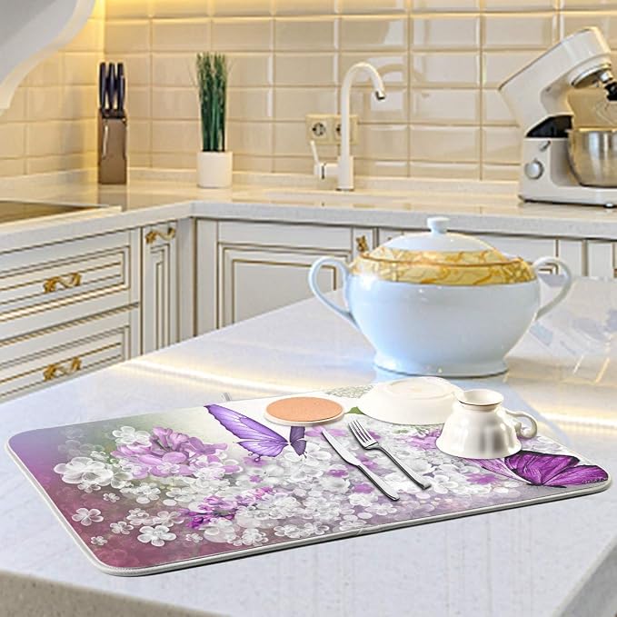 Butterflies Flowers Purple Dish Drying Mat for Kitchen, Absorbent Microfiber Drying Pad Dish Mat, 24" X 18"