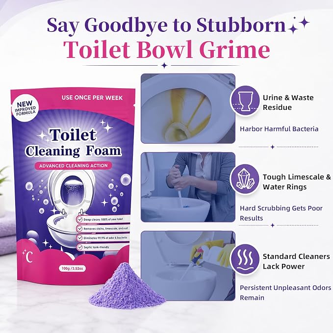 Toilet Cleaning Foam Powder, Toilet Bowl Cleaner for Limescale, 3.52 Oz | Self-activating foam helps loosen hard water marks, yellow stains, toilet rings and mineral buildup for easier bowl care
