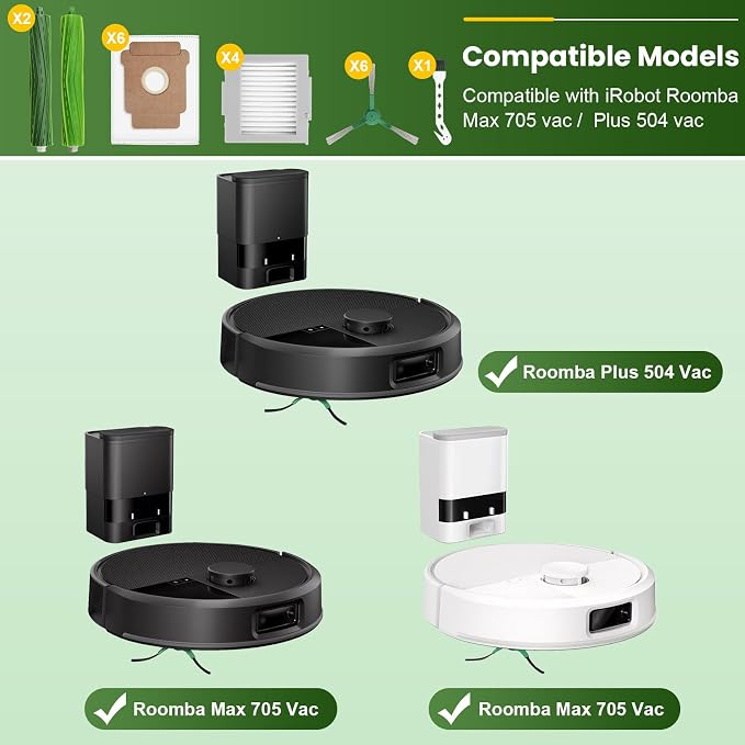 19 Pcs Accessories Kit Compatible with iRobot Roomba Max 705 / Plus 504 Vac | Include 2 Main Brushes, 6 Dust Bags, 4 Filters, 6 Side Brushes, 1 Cleaning Tool, Robot Vacuum Replacement Parts