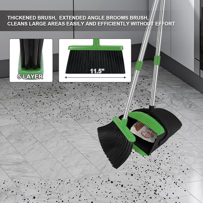 Green Broom and Dustpan Combo Set, 51" Long Handle Broom | Pet Hair & Debris Cleaning, Built-in Comb Dustpan, Space-Saving Upright Storage, Multi-Surface Use for Home, Kitchen & Office