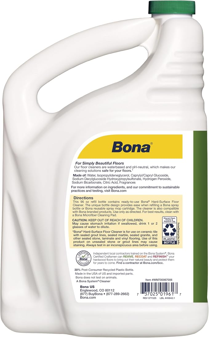 Bona Multi-Surface Floor Cleaner Refill - 96 fl oz - Lemon Mint | Residue-Free Floor Cleaning Solution refill for Spray Mop and Spray Bottles - Use on Stone, Tile, Laminate, and Vinyl Floors
