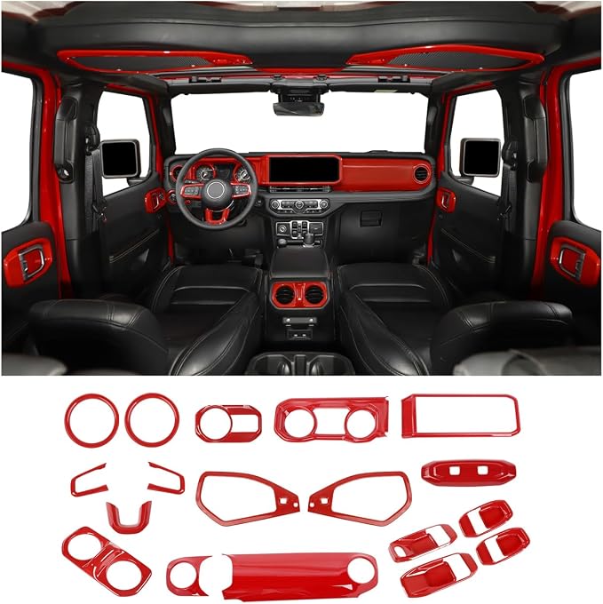 21PCS Full Set Interior Trim Kit for 2024-2026+ Jeep Wrangler JL JLU & Jeep Gladiator JT, Dashboard Side Outlet Door Handle Bowl Headlight Switch Roof Reading Light Cover (Red)