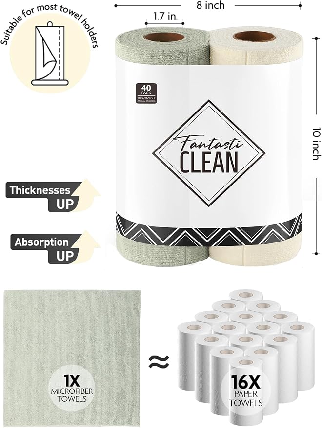 Fantasticlean Kitchen Towels Roll, 40 Sheets, 10''x 10'' (Beige, MossGreen) | Tear-away Dish Towels for Kitchen, Ultra Absorbent, Lint-free, Premium Microfiber Cleaning Cloths, for All-Purpose Cleaning