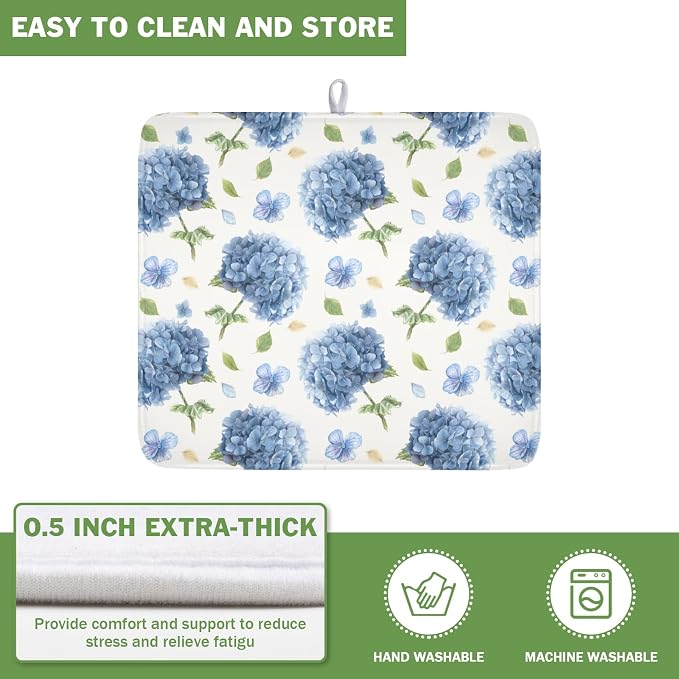 Spring Summer Blue Floral Dish Drying Mat 16x18 Inch | Hydrangea ，Polyester，Absorbent Microfiber，for Kitchen Coffee Dining Bar Decor