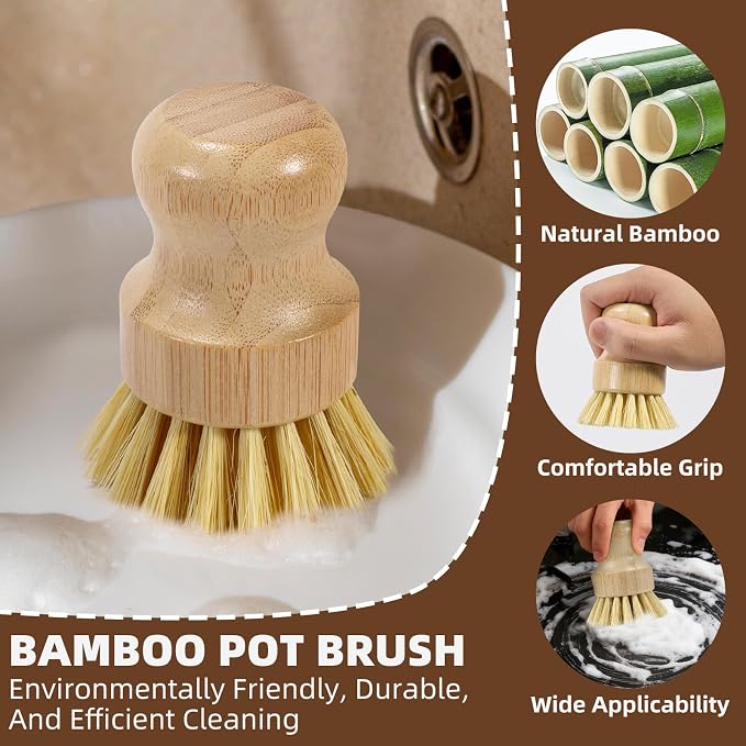 SAMEBUTECO 6-Piece Bamboo Dish Brush Set with 2X Fast-Dry Stainless Steel Holder,3xNatural Sisal Bristle Brush & 1xPalm Bristle Kitchen Cleaning Brushes for Dishes, Pots, Pans & Sink