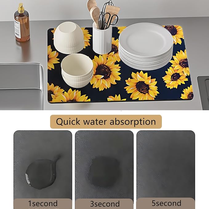 Sunflower Dish Drying Mat ,Absorbent Place Mat,Easy Clean Rug For Kitchen,Bath,Bathroom,Living Room Kitchen Decor And Accessories(sunflower) (17*47inches)