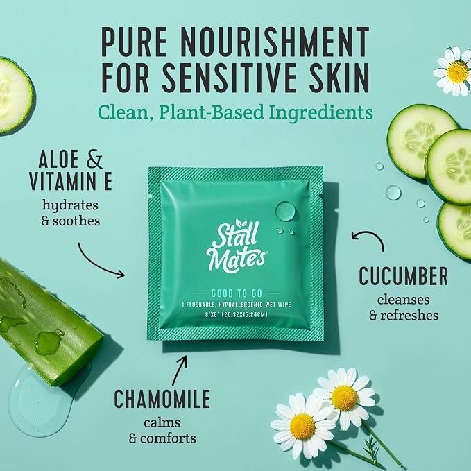 Stall Mates - Flushable Wipes, Individually Wrapped, Travel Friendly, Unscented with Cucumber, Vitamin-E & Aloe, (30 on-the-go singles)