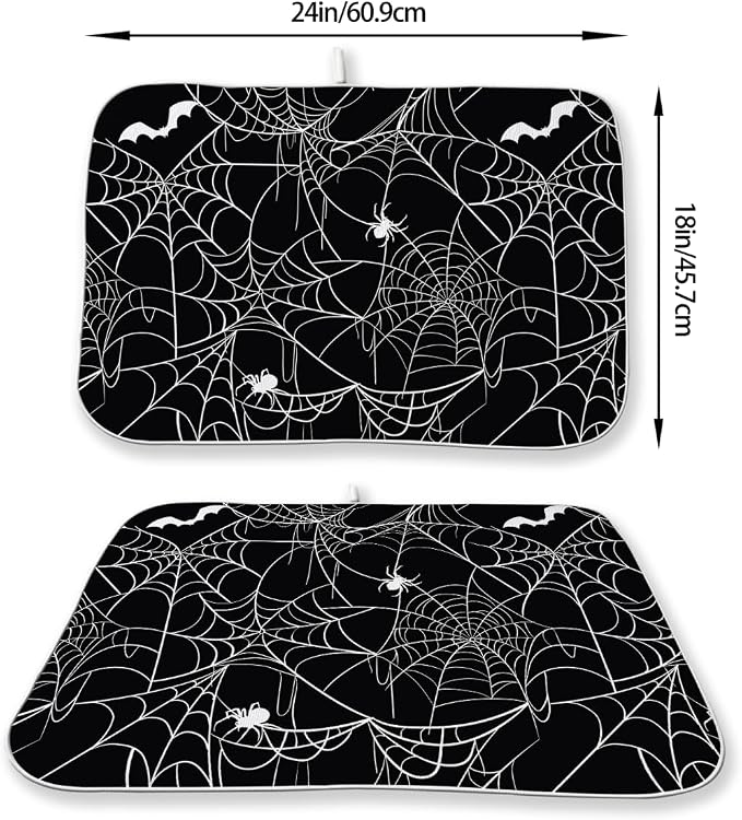 Halloween Dish Drying Mat 18 x 24 Inch Bat Spider Web Drying Mat for Kitchen Counter Absorbent Spiders Black Dishes Dry Pad for Drainer Rack Kitchen Fast Dry
