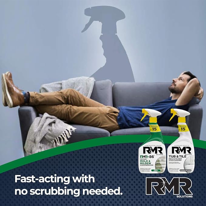 RMR Complete Mold & Mildew Stain Eraser System – No-Scrub Tub & Tile Cleaner + Instant Mold & Mildew Stain Remover Spray, Indoor/Outdoor Bathroom, Shower, Siding, & Deck Cleaning Kit, 2–32 Oz Bottles
