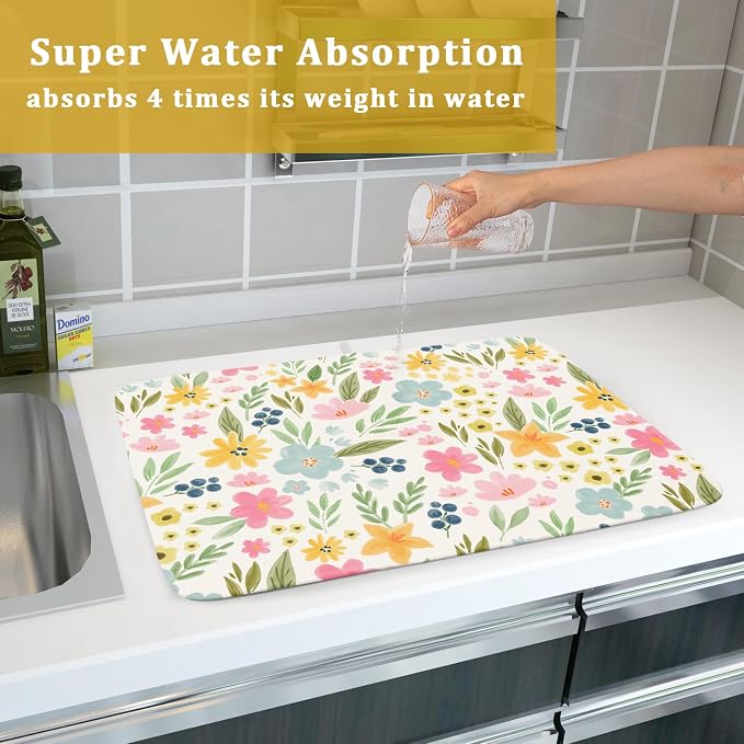 Spring Easter Floral Dish Drying Mat for Kitchen Counter 18x24 Green Pink Yellow Blue Cute Flower Print Absorbent Reversible Microfiber Drying Mats Kitchen Countertop Protector Dishes Drainer Pad
