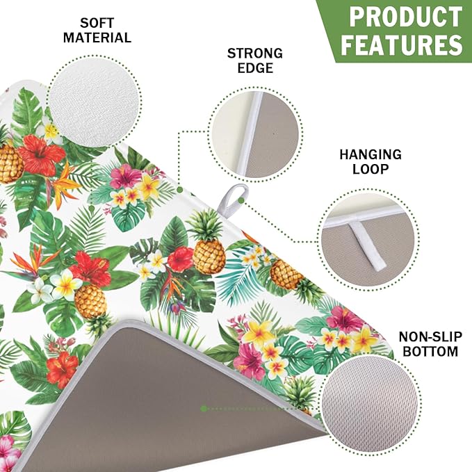 Summer Tropical Dish Drying Mat for Kitchen Counter Hawaii Palm Leaves Floral Pineapple Microfiber Dish Drainer Mat Rustic Absorbent Washable Drying Pad Extra Large 16"x18"
