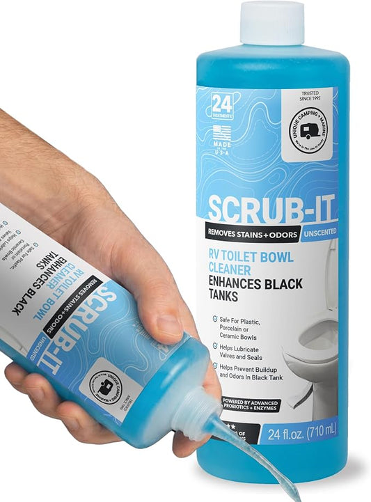 Unique Scrub-It Liquid RV Toilet Bowl Cleaner, Helps Lubricate Seals, 24 oz | Targeted squirt-top bottle for RV toilet bowls, cleans stains, odors, & debris; non-caustic formula; unscented