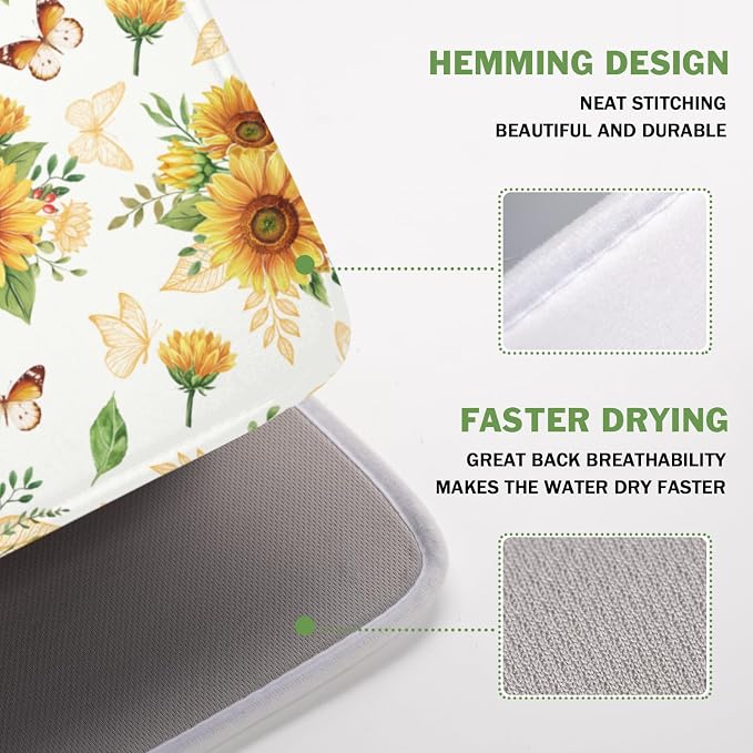 Sunflower Dish Drying Mat for Kitchen Counter Summer Yellow Floral Microfiber Dish Drainer Mat Rustic Farmhouse Absorbent Washable Drying Pad 16"x18"