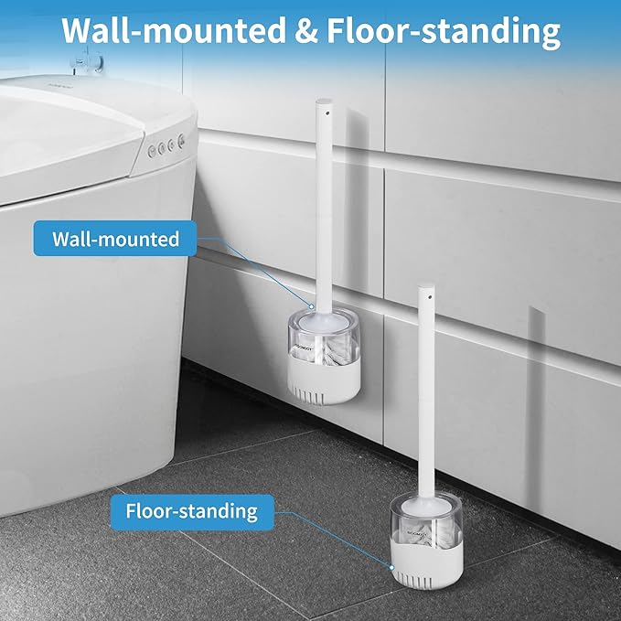 BOOMJOY Toilet Bowl Brush and Holder - Durable Head Toilet Cleaner Brush with Dense Bristles & Clear Base for Bathroom Deep Cleaning - Household Cleaning Accessories - White