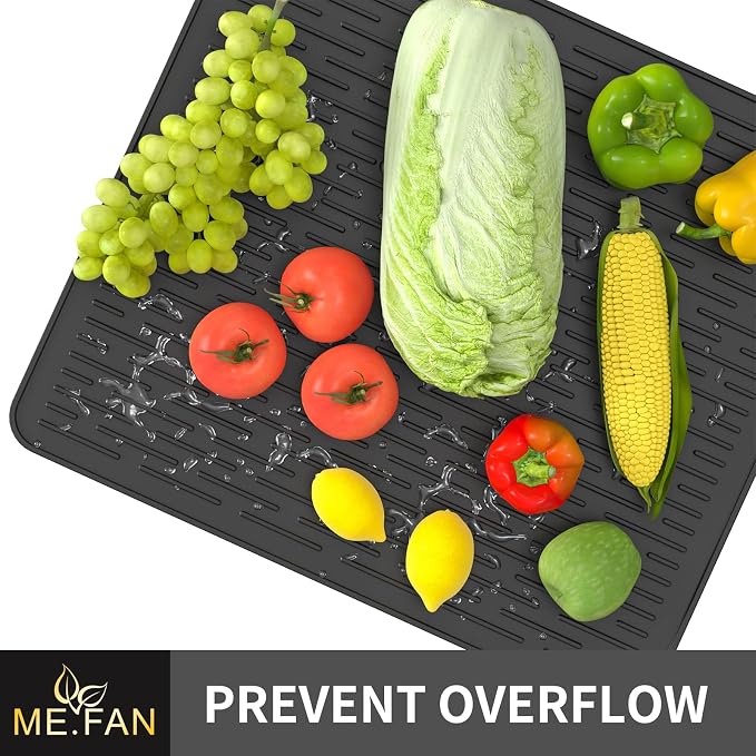 ME.FAN Silicone Dish Drying Mat for Kitchen Counter, Dish Drying Pad for Sink, Refrigerator or Drawer, Countertop Protection Pad M - 16''×12'' - Black