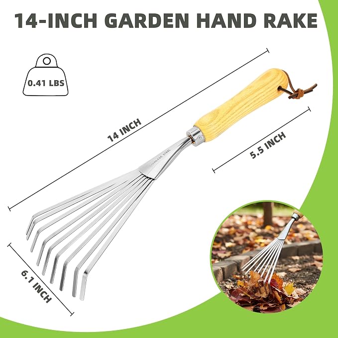Hand Rake, Small Rake for Gardening, Mini Rakes for Flower beds | Stainless Steel Small Garden Tool with Ergonomic Handle, Leaf Rake for Cultivating, Loosening Soil & Spreading Mulch