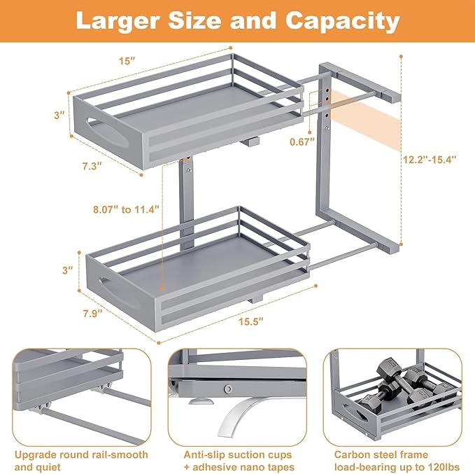 Under Sink Organizer, 2 Tier Under Sink Organizers and Storage, Adjustable Height, Slide out Metal Cabinet Organizers, Pull out Cabinet Storage Drawer Shelf for Kitchen Bathroom (Gray, 2 Pack)