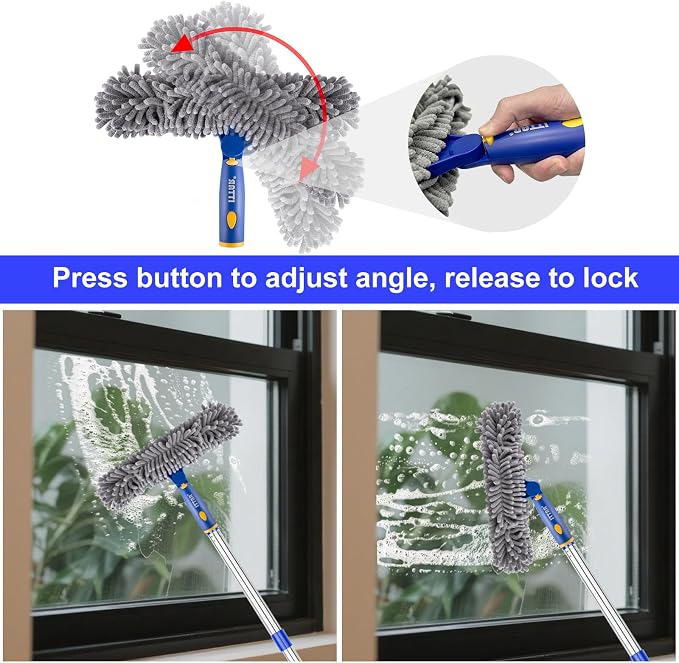 ITTAR Window Squeegee with 88 Inch Extension Pole, Rotatable Window Cleaning Kit with Long Handle, Rubber Blade & Microfiber/Chenille Pads Glass Cleaner Tool for Outdoor Windows, Glass, Car