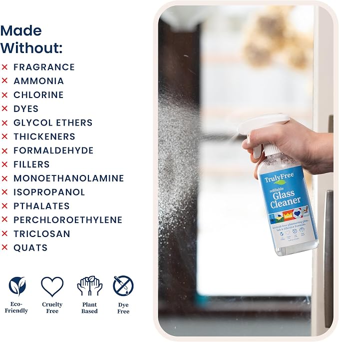 Truly Free Natural Glass Cleaner Kit - Removes Dirt & Debris for Sparkling Clean Windows & Glass Surfaces at Home, Office & Garage, Includes 16 oz Reusable Empty Bottle + Two Fills, 3 oz ea.