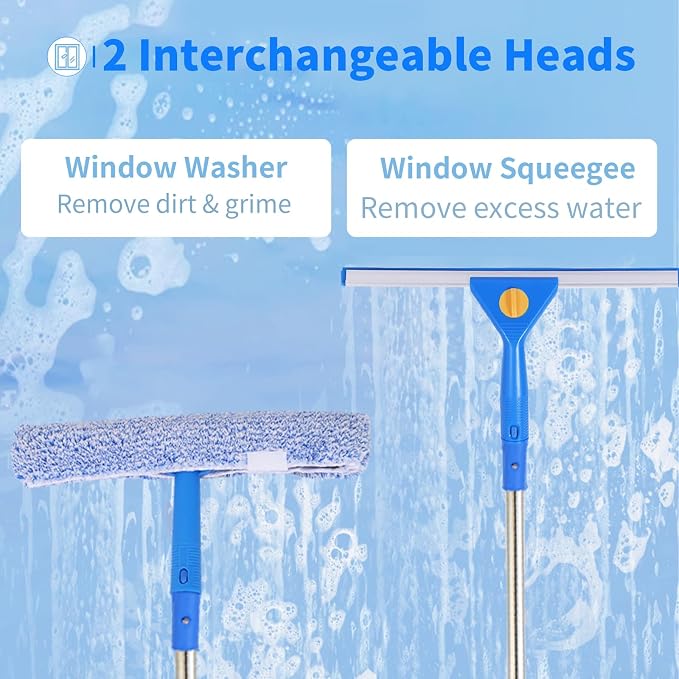 10Ft Window Squeegee with Long Handle, Window Washer for High Windows Glass | 14" Squeegee for Window Cleaning, 15" Microfiber Scrubber, 120" Window Cleaning Kit, Window Washing kit for Home, Outdoor