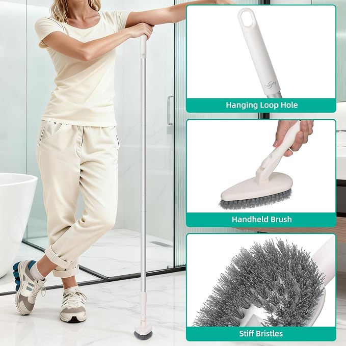 Qaestfy 4-in-1 Tub and Tile Shower Scrubber, 51'' Bathtub Cleaning Brush with Long Handle, Soft & Stiff Bristles Bathroom Scrub Brush, Non-Scratch Shower Cleaner Brush for Cleaning