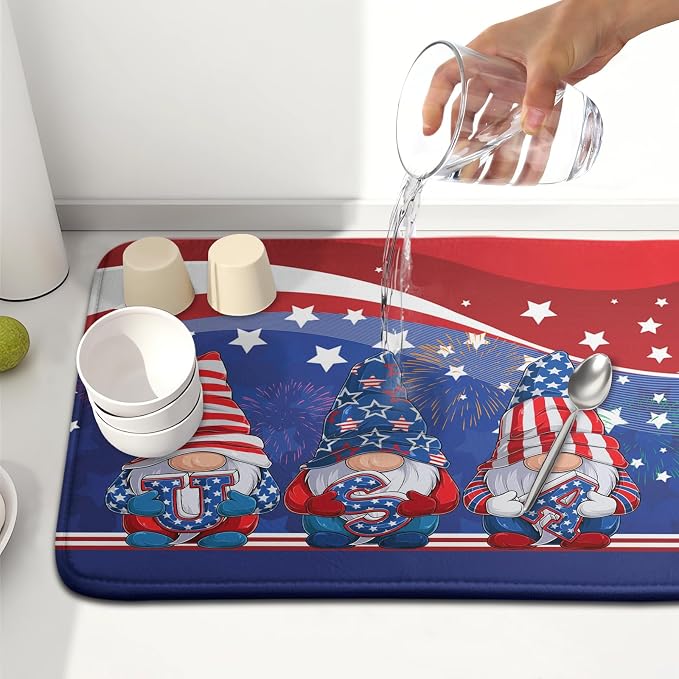 Kawani 4th of July Dish Drying Mat 16x18 Inch Spring Summer Patrioti Gnome Memorial Kitchen Mats Independece Day Absorbent Dishes Pad for Kitchen Counter Usa Stars Drying Mat Home Decor Countertops