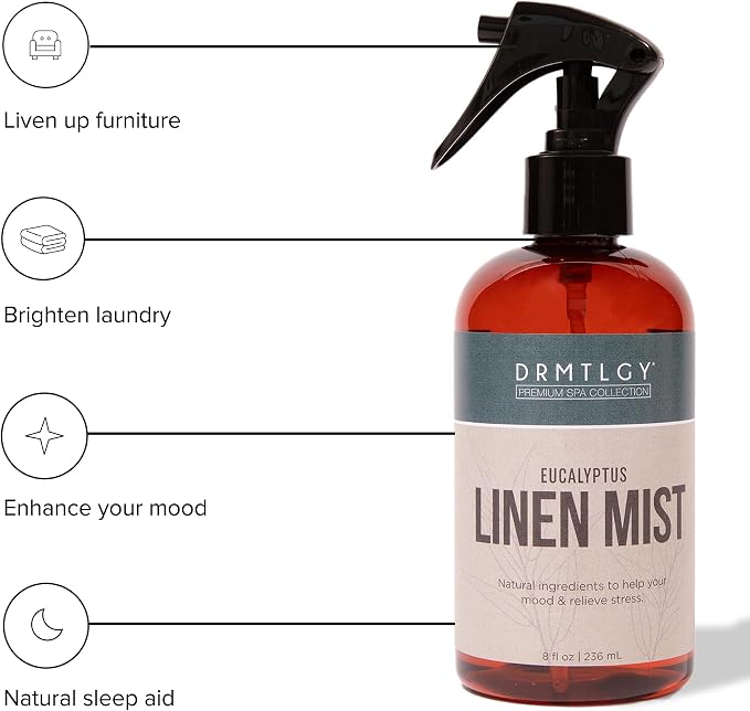 DRMTLGY Eucalyptus Linen Mist | Relaxing Pillow & Room Spray | Eucalyptus scent, Relaxing aromatherapy, Fabric freshening, Pillow & linen safe, Home fragrance, Pure essential oils