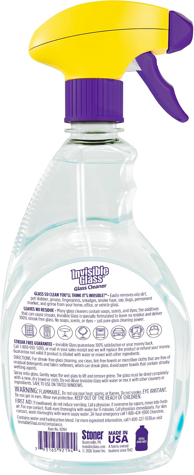 Invisible Glass 92194 Premium Glass and Window Cleaner for Auto and Home Cleans Glass, Windows, Mirrors, and More, Streak-Free, Ammonia-Free, Tint-Safe, 32 Fl Oz