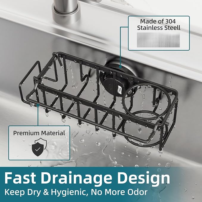TAILI 4-in-1 Sink Caddy with Strong Suction Cup, Sponge Holder for Kitchen Sink Organizer, Removable, Rustproof, Stainless Steel Holder for Sponge, Brush, Scrubber, Scraper - Black