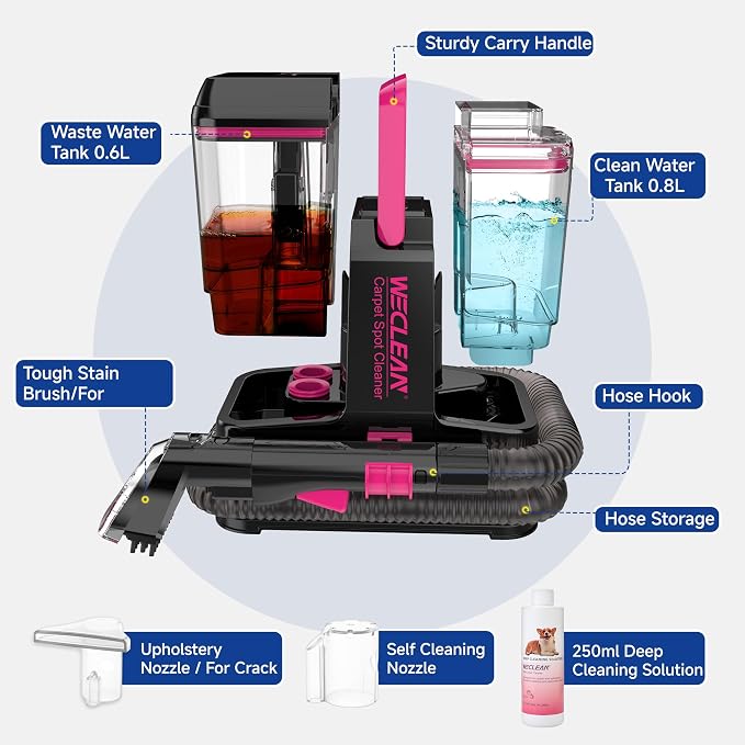 WECLEAN C5 Portable Carpet Cleaner Upholstery Deep Cleaner, Deep Cleaning for Carpet,Car Couch, with Deep Cleaning Solution,Blackpink