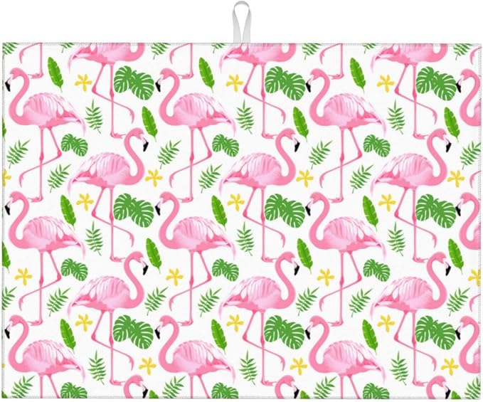 Pink Flamingo Leaf Dish Drying Mat For Kitchen Counter, Super Absorbent Microfiber Dish Drying Pad, Kitchen Gadgets For Easy Clean Multi-Use Large 18"x24"
