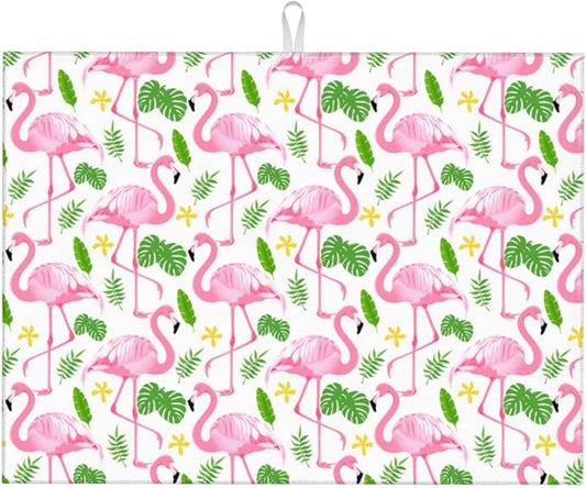 Pink Flamingo Leaf Dish Drying Mat For Kitchen Counter, Super Absorbent Microfiber Dish Drying Pad, Kitchen Gadgets For Easy Clean Multi-Use Large 18"x24"