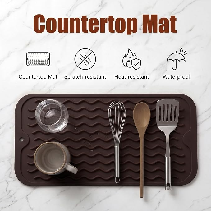 MicoYang Silicone Dish Drying Mat for Multiple Usage,Easy clean,Eco-friendly,Heat-resistant Silicone Mat for Kitchen Counter or Sink,Refrigerator or Drawer Liner Coffee S 12 inches x 6 inches