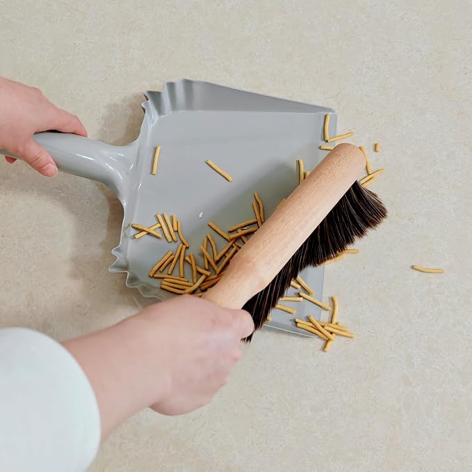 Metal Dust Pan and Brush Set Heavy Duty for Fireplace Garage Shop 9" Wide | Small Hand Broom and Dustpan for Woodstove Ash Cat Litter Outdoor Camping Soft Bristle Wooden Dusting Brush Indoor Cleaning