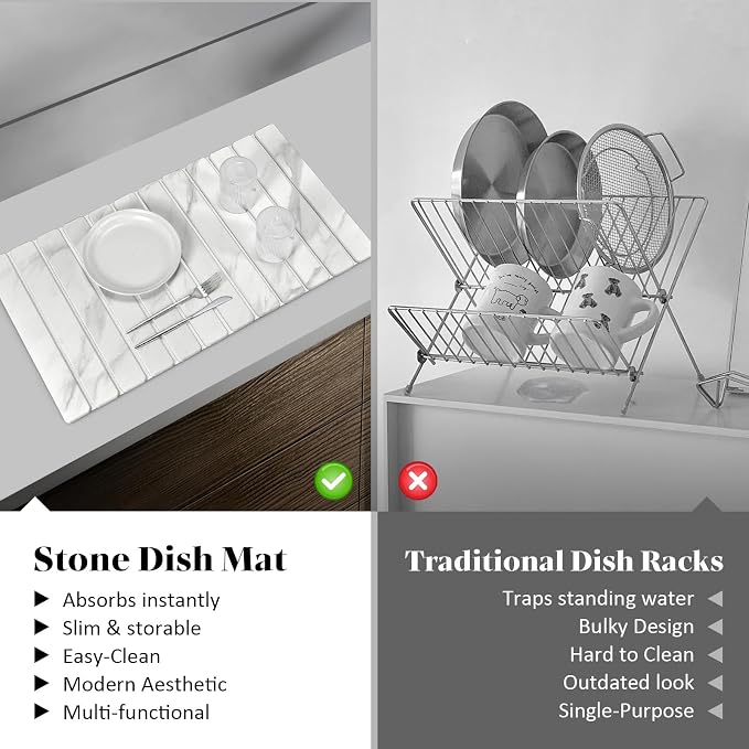 Large Stone Dish Drying Mats for Kitchen Counter, 28"(L)×16"(W) Marble-Pattern, Collapsible Quick Drying Dish Mats, Ultra Absorbent Diatomaceous Earth Mats for Dishes , Match Any Countertop