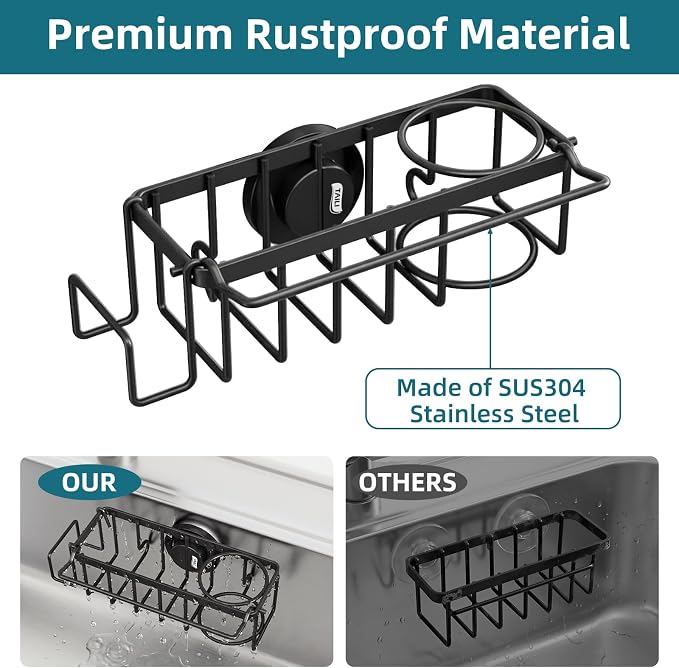 TAILI 4-in-1 Sink Caddy with Strong Suction Cup, Sponge Holder for Kitchen Sink Organizer, Removable, Rustproof, Stainless Steel Holder for Sponge, Brush, Scrubber, Scraper - Black