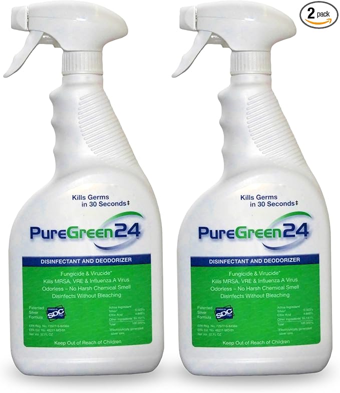 PureGreen24 Safe & Effective Disinfectant. Kills Deadly Germs including RSV COVID-19 Norovirus MRSA Staph 2026 flu Bird flu Contains no toxic chemicals odorless child & pet safe 2 32oz spray bottles