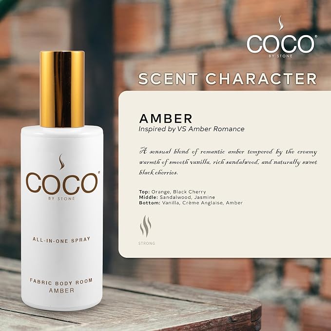 COCO by Stone 5oz All-in-One Spray Amber Fabric & Room Mist | Shake-and-spray formula for fabrics, pillows, clothing, and rooms with a warm Amber fragrance. Vegan & cruelty-free.