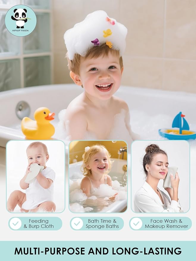 HIPHOP PANDA Baby Washcloths, Rayon Made from Bamboo - 2 Layer Ultra Soft Absorbent Newborn Bath Face Towel - Reusable Baby Wipes for Delicate Skin - Ivory, 6 Pack