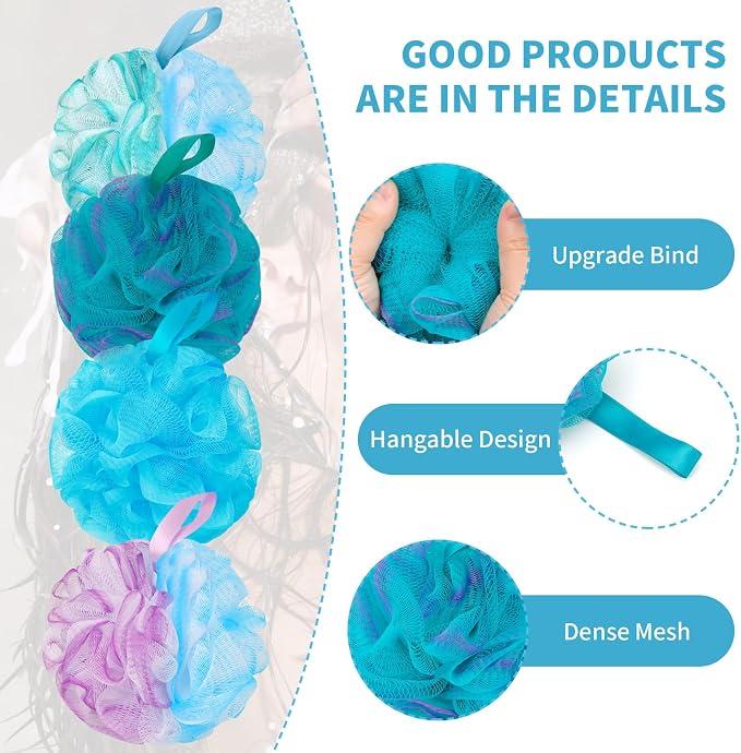 BCKENEY Bath Loofah Shower Sponge Body Back Scrubber Soft Mesh Shower Puffs Exfoliating Loofa for Women & Men Bath Accessories Cleaning Tool (4Pcs 75G, Extra Large)