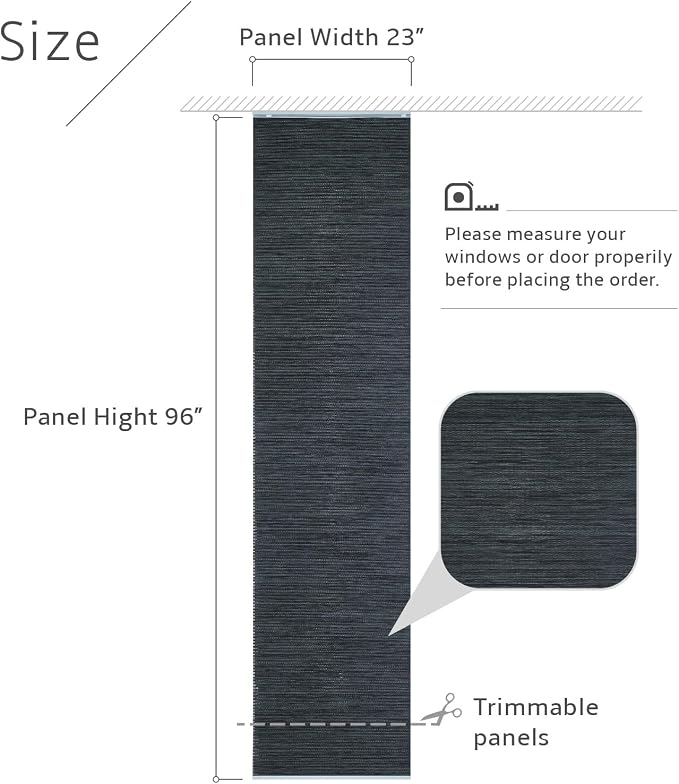 Replacement Fabric Panels for Sliding Glass Door (4-Pack, 23"x96"), Fabric Only, Natural Woven Blind Slats, Trimmable, Sheer, Track & Bottom Rail Not Included,Charcoal Black